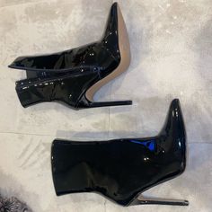 Shiny Black Ankle Boots With Zipper. Never Worn. No Box. Size 5.5 Black High Ankle Heels With Zipper, High Ankle Heels With Zipper Closure For Night Out, Black Ankle Boot Heels With Zipper, Black Ankle Boot Heels With Zipper Closure, Black Zipper Closure Ankle Boot Heels, Stiletto Boots, Black Ankle Boots, Bootie Boots, Ankle Boots