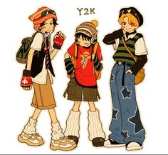 three young boys standing next to each other with backpacks and hats on their heads