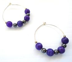 Handmade Purple Bead Hoop Earrings  Bead Pierced Earrings  Lightweight Hoops  USA Hand made Purple Hoop  Purple Bead Hematite Bead Hoop Earrings FAST  SHIPPING - SMOKE FREE STUDIO Pretty Purple earrings wear with casual blue jean or formal wear Ideal for any age - young or young at heart Great for travel, school, workout, casual dining, dancing, meetings etc. A nice Birthday or Holiday gift for young girls, students, Mom or Grandma. Heart box included for  gift.  ORIGINAL ART & HANDMADE hhtp://w School Workout, Bead Hoop Earrings, Bottle Cozies, Earrings Bead, Heart Box, Purple Earrings, Hematite Beads, Beaded Hoop Earrings, Handmade Wire