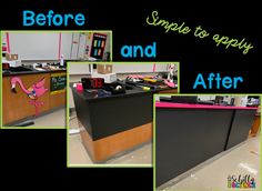 an office desk with the words before and after painted on it in different stages of repair