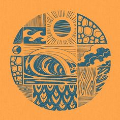 an orange background with blue and yellow designs in the shape of sun, waves, and clouds