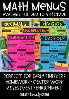 a poster with words and pictures on it that says math menus perfect for early finishers homework - center work