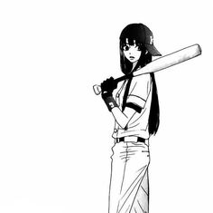 an anime character holding a baseball bat in her right hand and looking at the camera