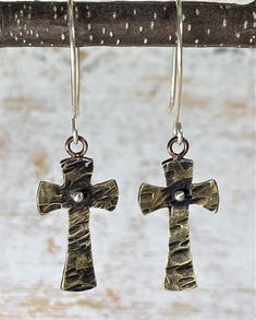 Christian Cross Earrings - Religious Earrings -Inspirational Earrings - Mixed Metal Earrings - Brass and Sterling Silver - Gift for Her Spiritual Bronze Earrings With Ear Wire, Nickel Free Adjustable Cross Earrings, Symbolic Bronze Drop Earrings, Nickel-free Cross Earrings As Gift, Nickel-free Cross Earrings For Gift, Nickel-free Metal Cross Earrings, Handmade Metal Cross Earrings, Copper Gifts, Mixed Metal Earrings