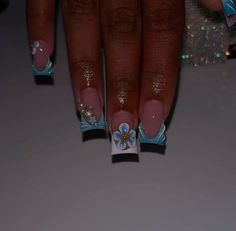 Blue nail design inspo Blue Sets Nails, Summer Nail Inspo Acrylic Square, Light Blue Nails With Design Square, Medium Length Blue Nails, Baddie Nail Designs Blue, Light Blue Short Nails Design, Blue Nail Sets Acrylic, French Nails With Blue Design, Light Purple And White Nails