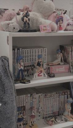 there are many anime figurines on the shelves in this room and one is holding a teddy bear