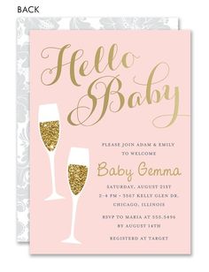 a pink and gold baby shower card with two champagne glasses on the front, one is for