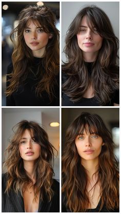 80s Haircut Women Long, Wolf Bangs Long Hair, Soft Bangs Curly Hair, Haircut For Small Forehead, Wispy Bangs On Wavy Hair, Layers Vs No Layers, Soft Wolf Cut Hair Long, Wolf Cut Hair Shoulder Length, Rocker Chic Hair