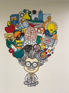 a drawing of a man's head with many different things in the brain on it