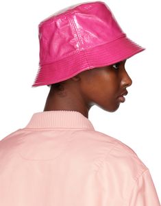 Stretch faux-leather bucket hat in pink. · Cotton grosgrain brow band · Plain-woven cotton lining Supplier color: Sour raspberry Pink Flat Brim Bucket Hat, Pink Flat Brim Bucket Hat For Spring, Spring Pink Flat Brim Bucket Hat, Trendy Pink Bucket Hat With Short Brim, Leather Bucket Hat, Stand Studio, Leather Bucket, Woven Cotton, Pink Cotton