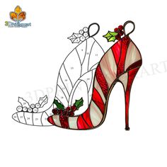 a stained glass shoe with holly decorations on the heel and red heels, which are decorated with