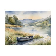 a watercolor painting of a boat on a lake with mountains in the back ground