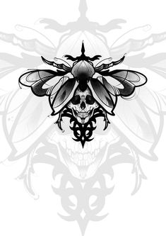 a black and white drawing of a skull with a bee on it's head