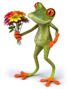 a frog holding a bunch of flowers in it's hand