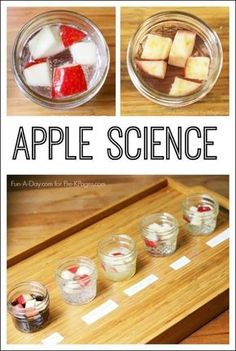 an apple science experiment is shown in three different bowls