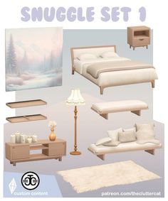 a set of furniture including a bed, night stand, table and lamp with the words snuggle set 1 on it