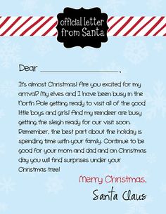 a letter to santa from santa claus is shown in the bottom corner of this christmas card