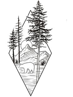 a black and white drawing of trees with mountains in the background