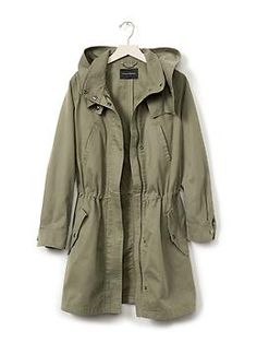 Military Parka | Banana Republic Green Parka Coat, Military Trends, Military Parka, Green Raincoat, Military Style Coats, Green Parka, Petite Coat, Hooded Parka, Rain Coat