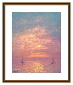 a painting of sailboats in the ocean at sunset