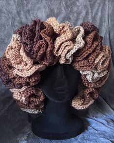 Jumbo ruffle hat with a built draw string. Adjustable Ruffled Hat With Curved Brim, Adjustable Beanie With Ruffles, Adjustable Wide Brim Hat With Ruffles, Ruffle Bucket Hat, Crochet Fits, Crochet Headwear, Ruffle Hat, Bald Women, Shades Of Brown