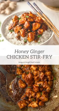 honey ginger chicken stir - fry in a bowl with rice and chopsticks on the side