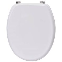 a white toilet seat with the lid up and two metal handles on it's sides