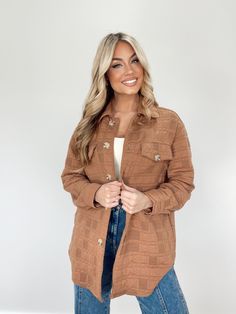 PSJ1277 mocha button up jacket BaeVely Brunch Dates, Winter Coffee, Textured Jacket, Textured Knit, Neutral Color, Knit Jacket, The Chic, Pocket Detail, Jacket Style