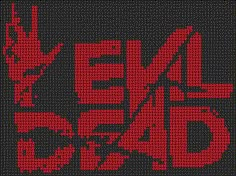 a cross stitch pattern with the words nerd and dead written in red on a black background