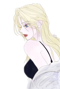 a drawing of a woman with long blonde hair and blue eyes wearing a black dress