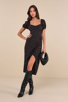 Compelling Flirt Black Floral Lace-Up Puff Sleeve Midi Dress Black Floral Dress Outfit Summer, Floral Midi Dress Outfit, Black Floral Dress Short, Black Floral Dress Outfit, Dana Core, Floral Dress Outfit Summer, Knot Tie Dress, Floral Black Dress, Core Aesthetics