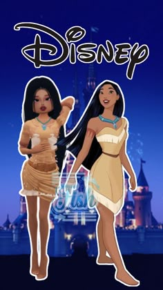 two women in dresses standing next to each other with the disney castle in the background