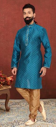 Blue color Kurta Pyjamas in Jacquard fabric with Lace work Blue Brocade Sets, Eid Blue Brocade Kurta, Traditional Blue Brocade Kurta, Festive Blue Brocade Kurta, Blue Brocade Kurta With Zari Work, Blue Brocade Sets With Self Design, Jacquard Fabric, Blue Color, Lace