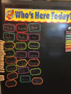 a blackboard with writing on it that says who's here today?