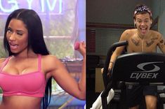 a woman in a pink bra top and a man with no shirt sitting on an exercise bike