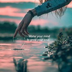 a person reaching for something in the water with a quote above it that reads, water your mind to grow your soul