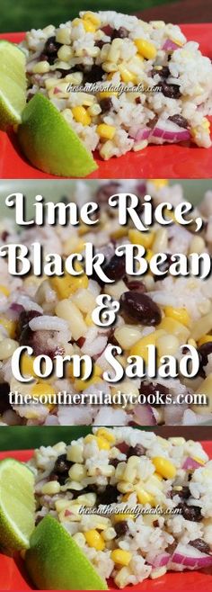 lime rice, black beans and corn salad on a red plate with lime wedges