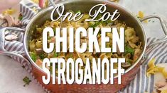 one pot chicken stroganoff recipe in a pan with the title overlay