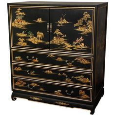 An outstandingly well-crafted, exceptionally beautiful design high boy chest, handcrafted from solid kiln-dried Philippine Mahogany and engineered Philippine Mahogany laminates. Exceptionally well finished, with a fine quality, medium gloss, 12 coat black lacquer, then decorated with an elegant, delicately beautiful gold painted mountain temple landscape design Ming dynasty era art motif. Beautifully finished inside and out, an heirloom quality oriental style bedroom cabinet. Bungalow Rose | Bun Lacquer Dresser, Tallboy Dresser, Lacquer Furniture, Asian Furniture, Dresser Furniture, Bedroom Cabinets, Shabby Chic Dresser, Elegant Bedroom, Black Lacquer