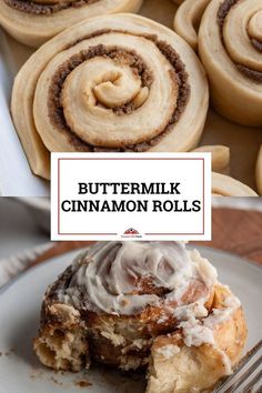 some cinnamon rolls are on a plate and there is a sign that says buttermilk cinnamon rolls