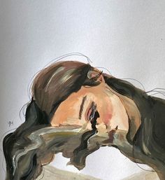 a watercolor painting of a woman with her head on a branch and eyes closed