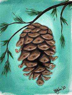 an acrylic painting of a pine cone on a blue background with green leaves