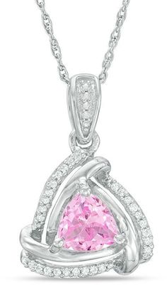 Zales 6.0mm Trillion-Cut Lab-Created Pink Sapphire and Diamond Accent Swirl Frame Pendant in Sterling Silver Diamond Teardrop Jewelry With Accent Stones, Teardrop Cubic Zirconia Jewelry With Accent Stones, Sterling Silver Pear-shaped Jewelry With Accent Stones, Rope Chain, Sapphire Diamond, Pink Sapphire, Bright Pink, Spring Rings, Swirl