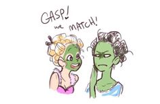 two people with green faces and one has an expression that says gasp we match