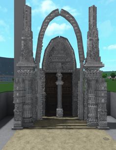 an arch in the middle of a courtyard with columns and arches on either side,