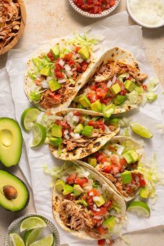 shredded chicken tacos with avocado and salsa