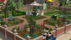 an animated garden with lots of flowers and plants in the center, surrounded by buildings