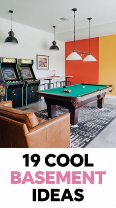 a living room with pool tables and arcades in the background, text reads 19 cool basement ideas