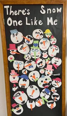 there's snow one like me bulletin board on the wall in front of a door