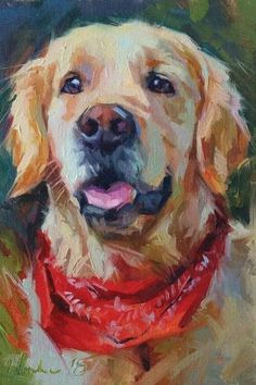 a painting of a dog wearing a red bandana